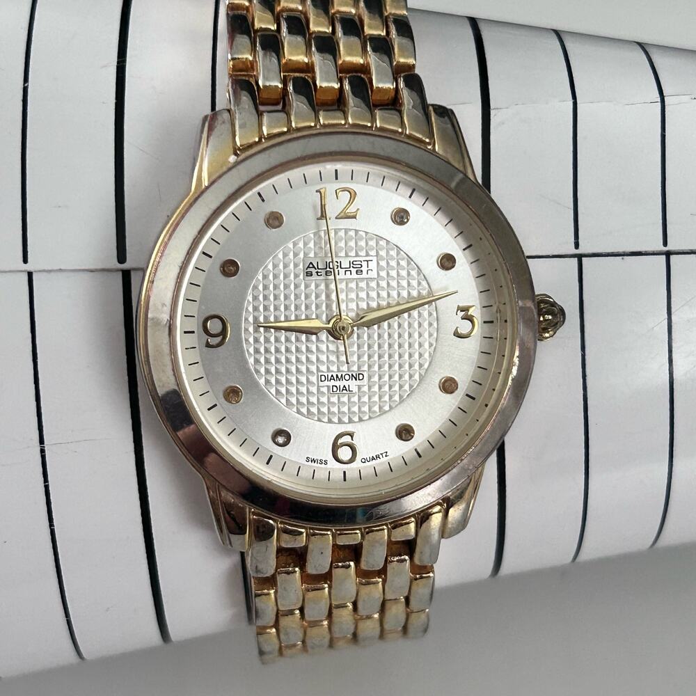 August Steiner Diamond Gold Tone St. Steel Women’s Analog Watch New Battery